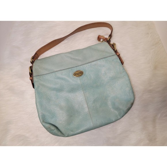 FOSSIL Explorer Flap Foldover Hobo Mint Green Teal Leather Slouch Shoulder Bag - Picture 2 of 12